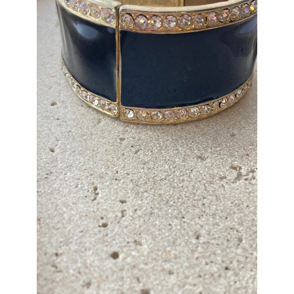 Wide Stretch Clamper Cuff Bracelet Black Enamel Gold Tone Rhinestone Trim Chunky
